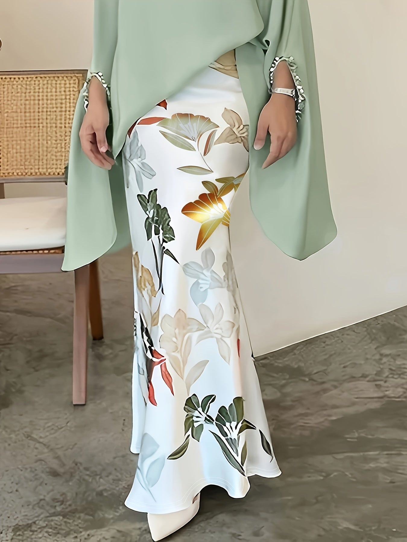 Women's Elegant Floral Print Stretchy Mermaid Skirt - Plus Size Long Flowy Polyester-Spandex Blend, Machine Washable All-Season Midi Skirt for Casual & Formal Wear, Comfortable Fashion | Highwaisted Skirt | Flexible Wear